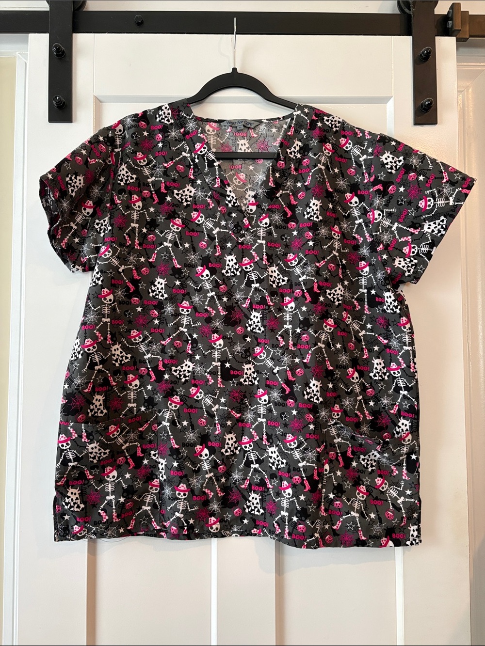 Halloween Skeleton Print V-Neck Tunic Top - Black & Pink